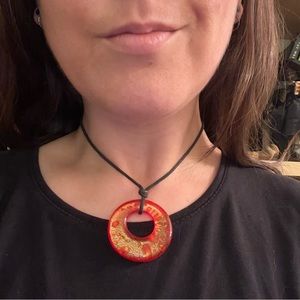🍄 Red & Orange Blown Glass Pendant Necklace Hippie Boho Statement Jewelry 🍄